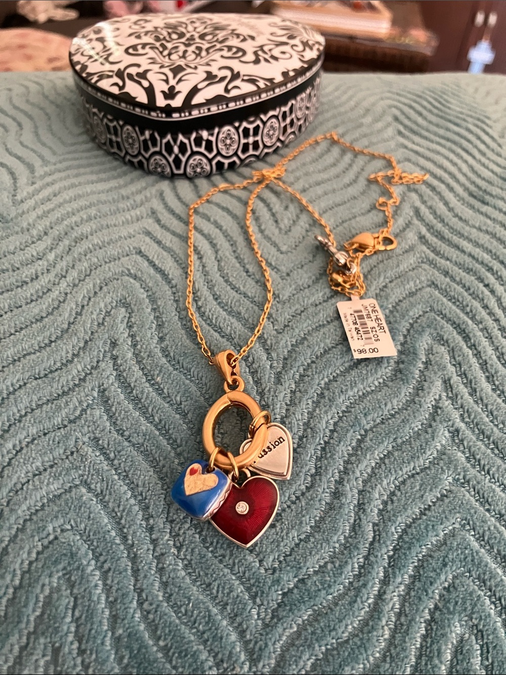 Brighton Gold-Tone Necklace with Red and Blue Heart Charms